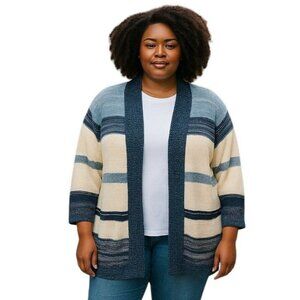 Harlow & Rose Woman 1X Open Front Cardigan Duster Striped Pattern Cream Blue